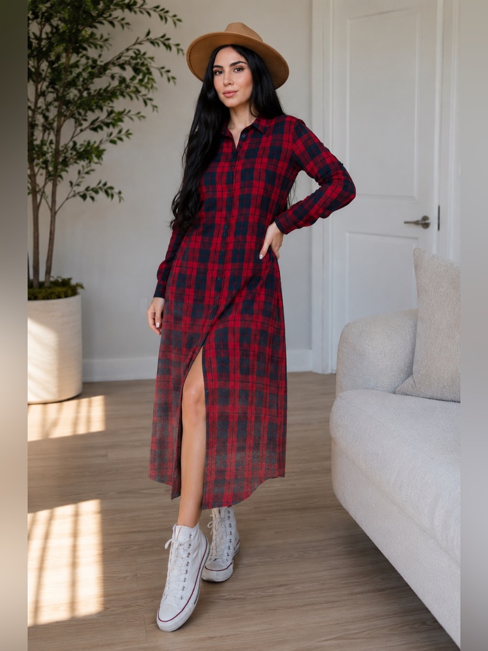 Fantastic Fawn Buffalo Plaid Red and Navy Check Button Up Dress S-L IFD22498-01
